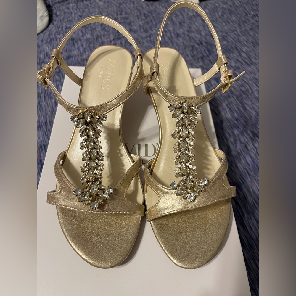 David's Bridal Gold Sandals with Crystal Accents